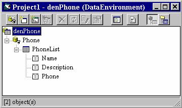 Database Access and Management 8-35 6. Display the properties window and give the data environment a name property of denphone. Click File and Save denphone As.