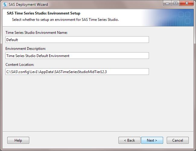 18 Chapter 3 / Installing SAS Time Series Studio If you select the Create an environment during configuration check box, registration information for a product environment (named Default) is created.