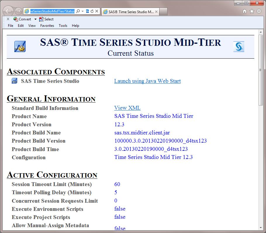 80 Appendix 1 / Troubleshooting SAS Time Series Studio current session. From this page, you can see the release numbers of the SAS Time Series Studio clients.