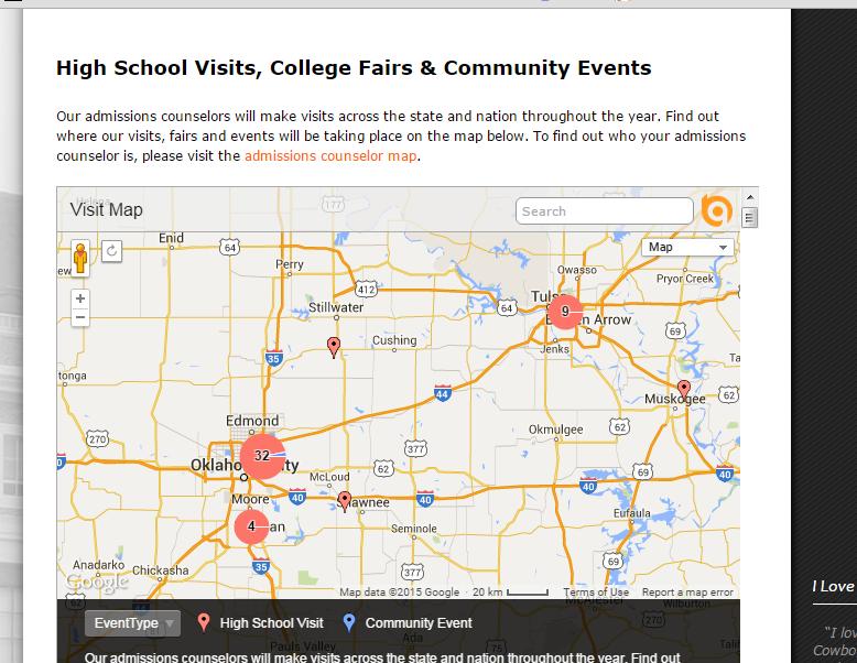 Map Functions: The Visit Map has many great features, including: Zoom functions to zoom into a specific geographic area Search function to search for a specific location or high school Visit type