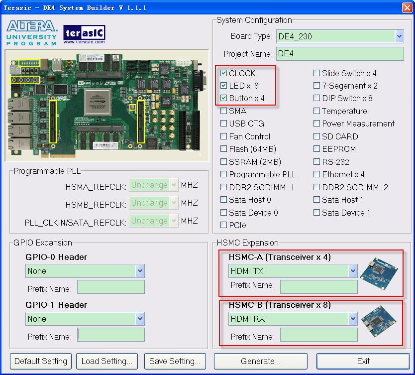 Figure 2-4 Select the DE4 Board Click Generate to generate the desired top-level and pin assignments for a HDMI project. 2.5 Pin Definition of HSMC Connector This section describes pin definition of the HSMC interface onboard.