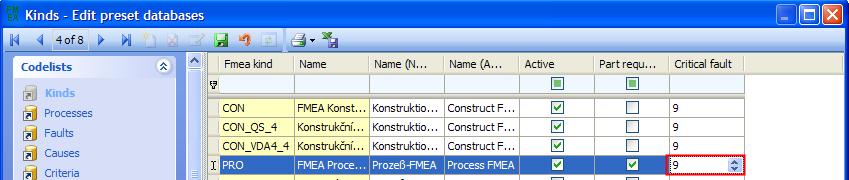 Furthermore, other specific properties depending on the kind (criteria, processes) are defined through selection of the FMEA kind.