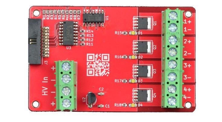 R1007: Quad 20A DC Low Side NFET Control Switches This module can drive four heaters with strong 100A PSMN1R2-30YLC,115 NFETsfrom NXP, which allows it to run cool,