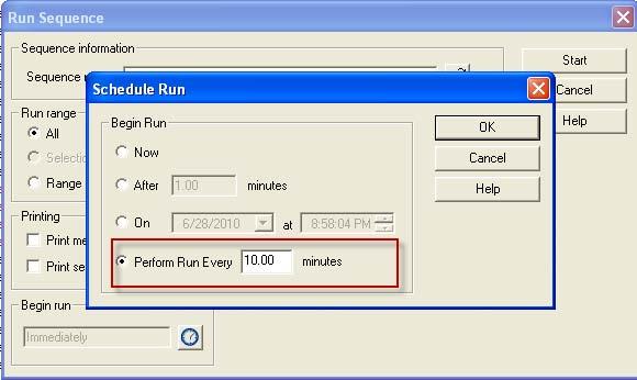 EZChrom Elite Compact 3.3.2 SP2: The Perform Run Every X Min was added to allow you to schedule a run at a specified interval until the user aborts.