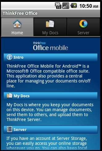 6. Using ThinkFree Office Mobile for Android After ThinkFree Mobile is completely installed, the Home tab selected as shown below appears.