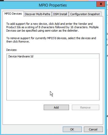 6. Click the MPIO Devices tab and then click Add to add a hardware device ID. 7.