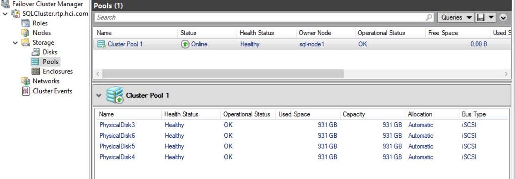 For this setup, a quorum disk was set up along with a data and log disk (see the previous screen shot). These resources were provisioned from the underlying NetApp HCI storage nodes.