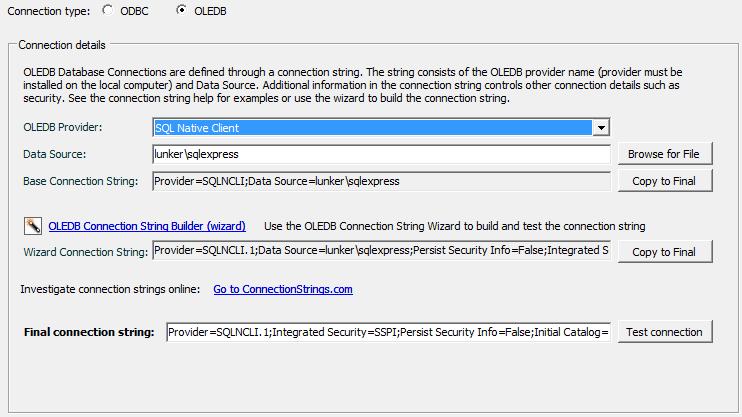 OLEDB Connection Details OLEDB connections require an OLEDB Provider (driver) to the vendor database. If no OLEDB Provider is installed for your database, please contact your database vendor.