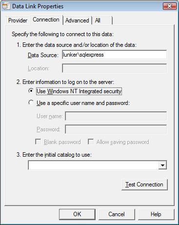 Set the desired data source and logon information for the database: Set any Advanced settings and modify any settings on the All tab: Click OK to return the connection string to the Wizard Connection