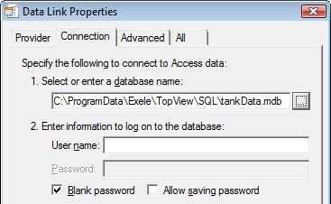 to the file DataPath\SQL\tankdata.mdb Clear the User name text box Click [OK] to close the wizard dialog.