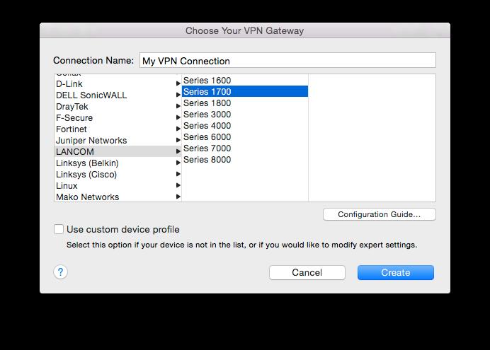 Step 2 Select a VPN Device For many VPN gateways, VPN Tracker 5 provides pre-defined profiles, based on the device s default settings.