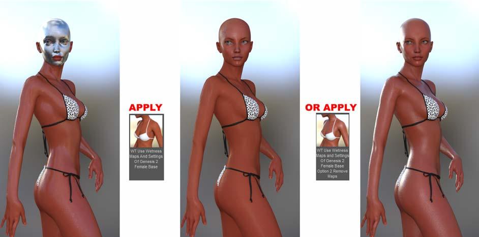 Once you have determined you UV set, browse to sub-folder " Transfer DAZ Original Characters Wet Settings" and apply the "WT Use Wetness Maps and Settings Of Genesis 2 Female Base", because in your