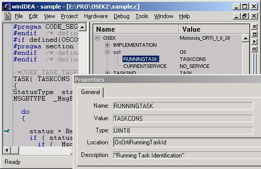 In the above figure, the os1 object (of type OS), shows current values for RUNNINGTASK and CURRENTSERVICE.