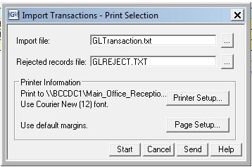 Step 5 The General Ledger Import Transactions tool will open. Select the import file location as noted above and select Start.