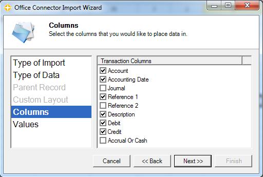 Click Next >>> Notice that the wizard skips over the Type of Data since only one type is available: transaction. Step 3 Select the transaction columns to be included in the import file and click next.