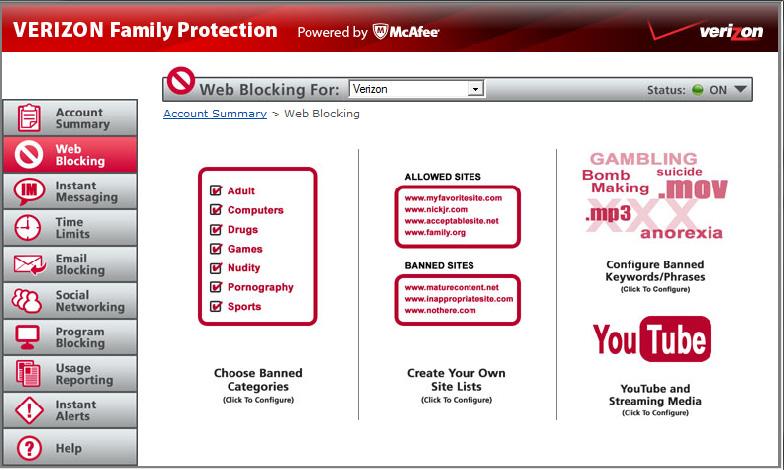 10 Verizon Family Protection User Guide Allowing and blocking websites You can allow or block websites in four ways: Ban a content category Create allowed and banned website lists Ban keywords and