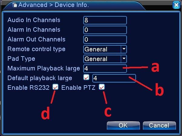 4.4.8 Device Info Here you can see all important parameters of device, and also can make some settings: a - Max. playback channel.