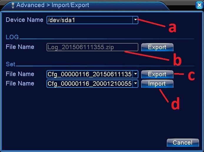 4.4.9 Export/Import of Config an LOG files. a Choose data holder (USB). b Export LOG files. NOTIFICATION: Could not import LOG files. c - Export CONFIG files. d Import CONFIG files.