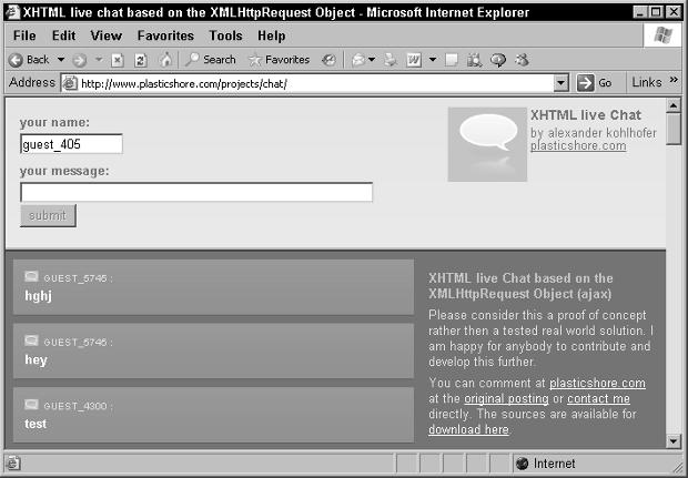 Chapter 1: Ajax 101 15 Figure 1-4: An Ajaxbased chat application. There are plenty of Ajax-based chat rooms around. Take a look at http://treehouse.ofb.net/chat/?lang=en for another example.