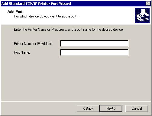 The Add Standard TCP/IP Printer Port Wizard dialog box appears. 6 Click Next. 7 Type the Fiery PRO 80 /S450 Color Server IP address. 8 Click Next.