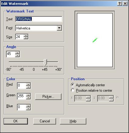 PRINTING 46 2 Select a watermark from the menu and click Edit or click New. The Add or Edit Watermark dialog box appears.