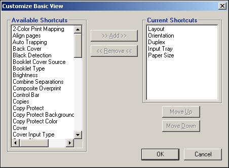 PRINTING 52 4 Click the Basic icon and then click Customize. The Customize Basic View dialog box appears. This dialog box contains the shortcuts for print options.