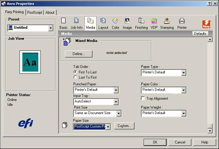 PRINTING 54 3 Click the Media icon. 4 Choose PostScript Custom Page Size from the Paper Size menu and click Custom. The Enter Custom Paper Size dialog box appears.