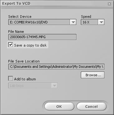 5 Select either the DVD-Video or Video CD tab. 6 Select Write a DVD to create a DVD without menus. 7 In the Export to DVD or VCD window: a Select your drive from the drop-down list.