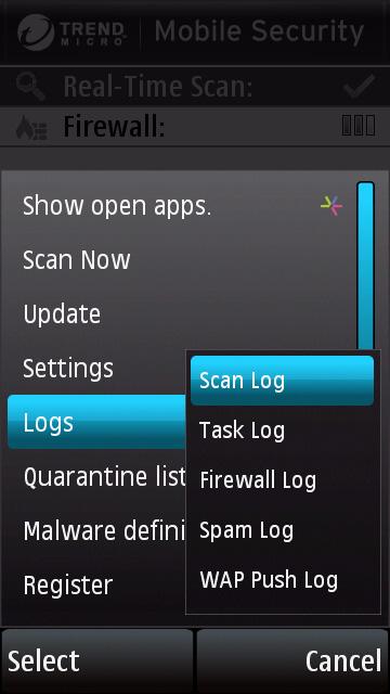Trend Micro Mobile Security for Symbian OS /S60 5th Edition User s Guide 9 Viewing Event Logs Viewing Logs To view each log, select the log from the Logs submenu. To view log entries: 1.