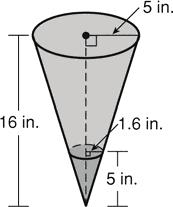 There is a cone-shaped plug in the bottom of a cone. If the height of the plug is 5 inches and the height of the cone is 16 inches, determine the volume of the cone.