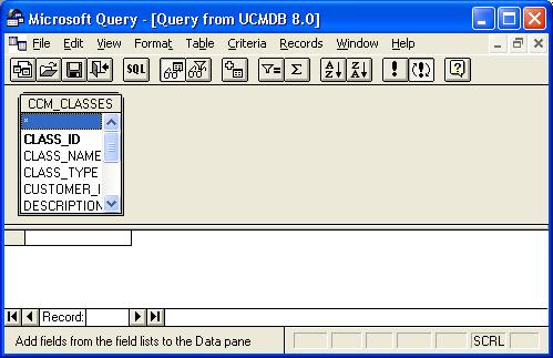 Ensure the new data source (UCMDB 8.0 as shown in the example) and click OK. The Microsoft Query tool appears.