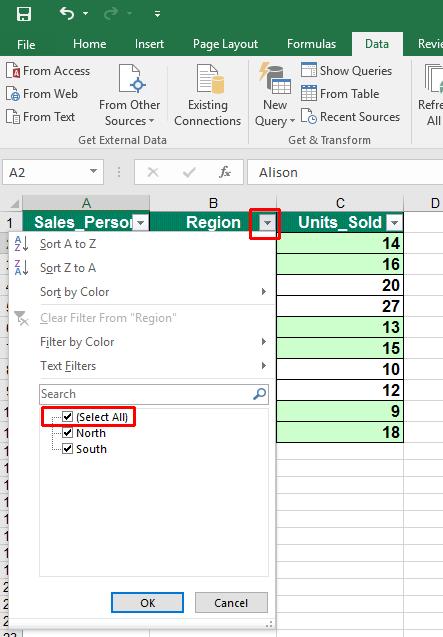 Excel 2016 Advanced Page 110 To see only sales relating to the North region, click on the down arrow in the Region column and click on
