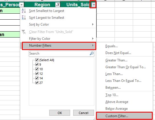 Excel 2016 Advanced Page 117 Click on the down arrow in the Units_Sold column and select Number Filters.