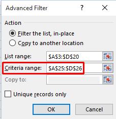 Excel 2016 Advanced Page 125 We wish to filter according to the criteria in cells