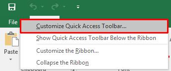 To do this right click on the File tab and from the pop-up menu displayed, click on the Customise Quick Access Toolbar command.
