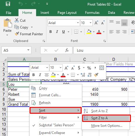 Excel 2016 Advanced Page 15 Right click over one of the sales names and from the pop-up menu