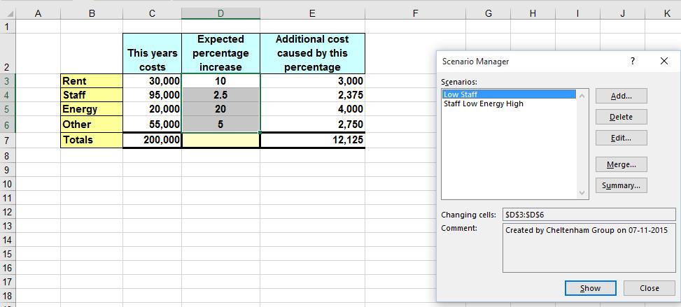 Excel 2016 Advanced Page 157 The data will change as illustrated. At any time, we can edit a scenario.