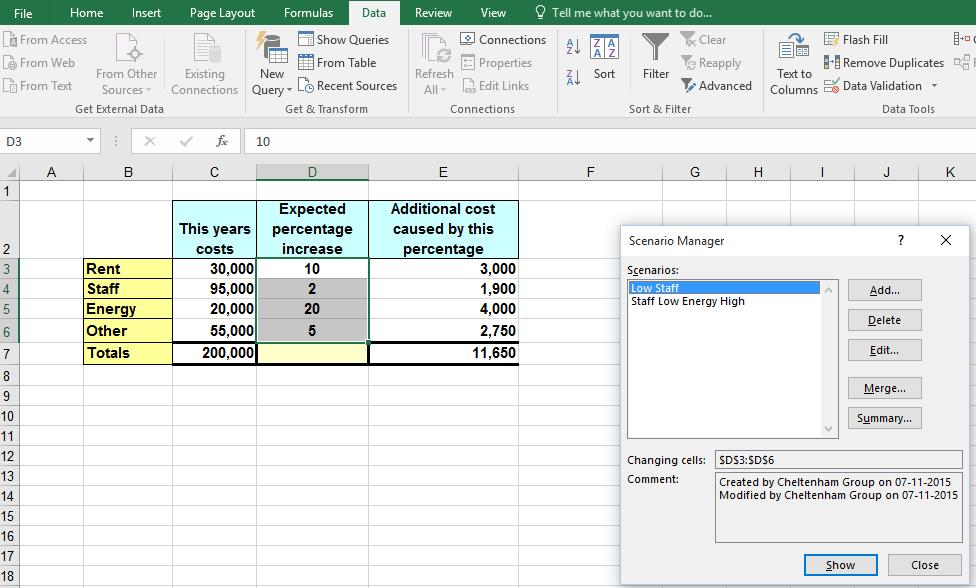 Excel 2016 Advanced Page 159 Click on the Show button to see the effect of this scenario.
