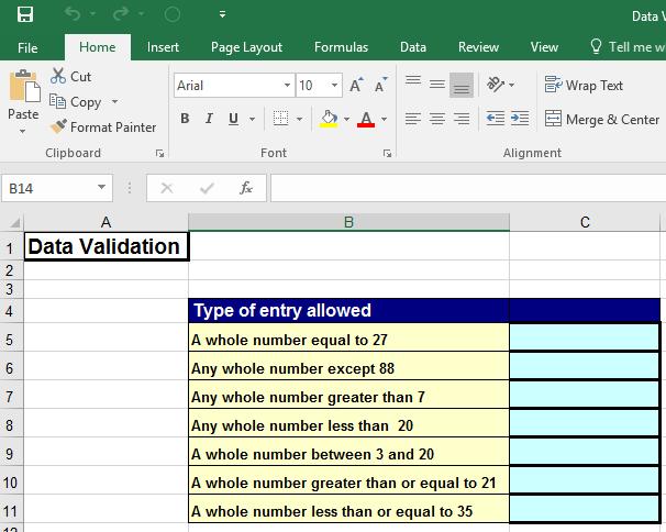 Excel 2016 Advanced Page 163 Validating within Excel 2016 Data validation - Whole number Open a workbook called Data Validation - Whole number. Click on cell C5.