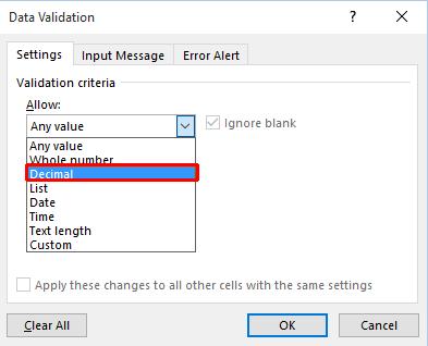 Click on the down arrow within the Allow section of the dialog box.