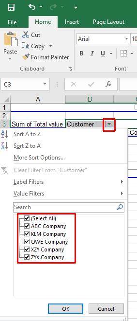 Excel 2016 Advanced Page 17 At present all the customers are selected and therefore shown on the Pivot Table.