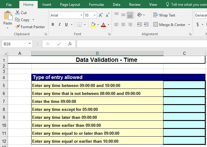 Excel 2016 Advanced Page 176 Data validation - Time Open a workbook called Data Validation - Time.