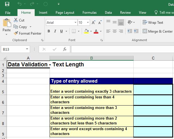 Excel 2016 Advanced Page 180 Click on cell C5. Click on the Data tab and within the Data Tools group click on the upper part of the Data Validation button. This will display the Validation dialog box.