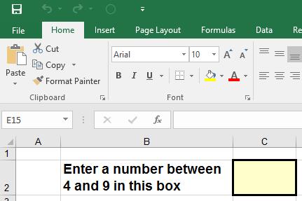 Excel 2016 Advanced Page 186 Click on cell C2 and enter a number that is less than 4 or greater than 9. As you can see the validation rules will not allow this and you see an error message.