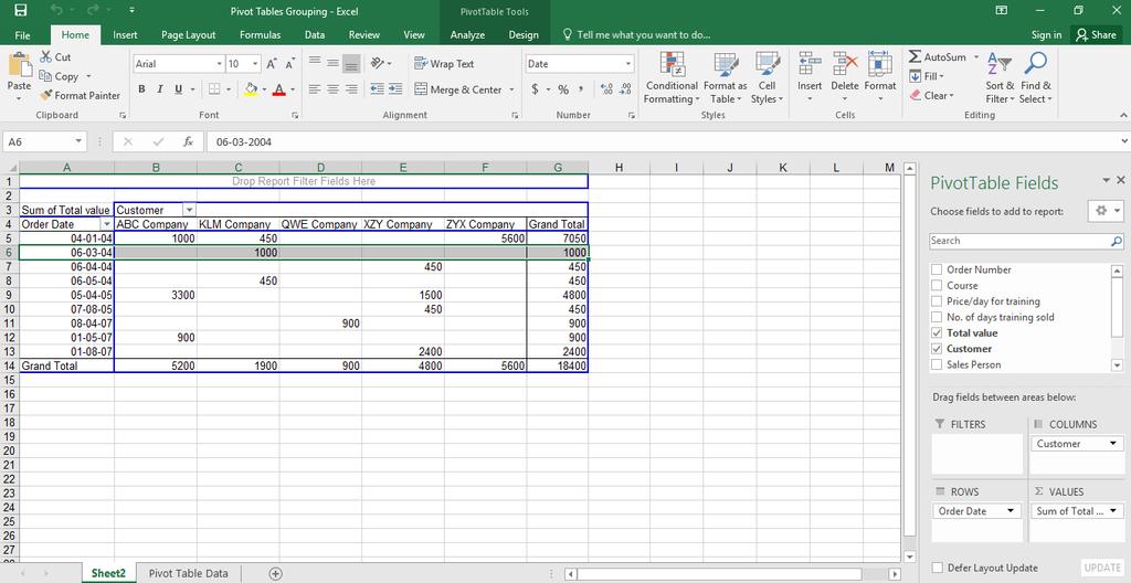 Excel 2016 Advanced Page 19 Only sales for ABC Company and KLM Company are displayed, the other customers have been filtered out of the Pivot Table. Save your changes and close the workbook.