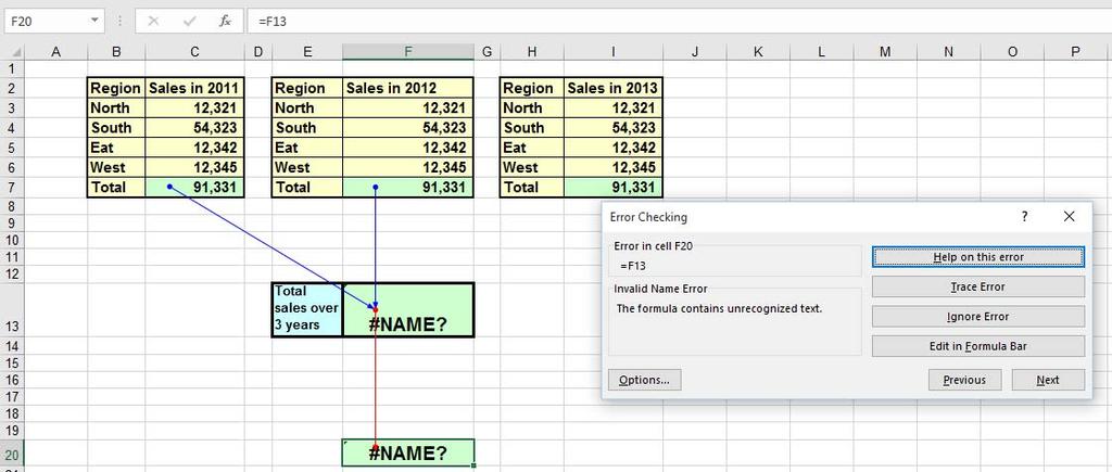 In this case the arrows show that the error is originating from cell F13. Close the workbook and save your changes.