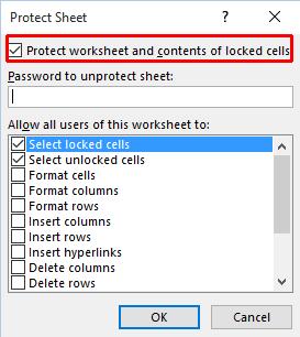 Click on the Review tab and within the Changes group click on the Protect Sheet button. This will display the Protect Sheet dialog box.