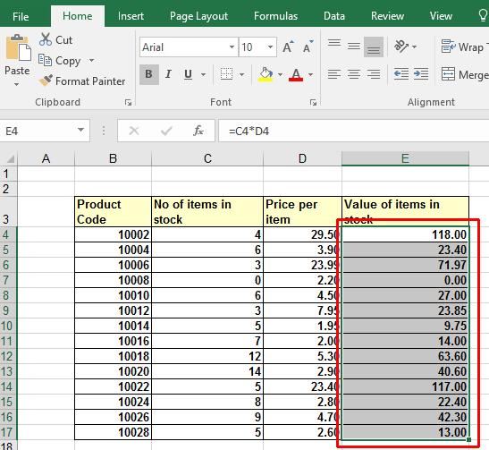 Excel 2016 Advanced Page 221 =C4*D4 This type of formula is repeated within the range E4:E17. Select the range E4:E17.