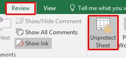 Excel 2016 Advanced Page 224 The Unprotect Sheet dialog box will be displayed. Enter the password, in this case the word 'secret', then click on the OK button.