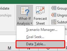From the drop down displayed, select Data Table.